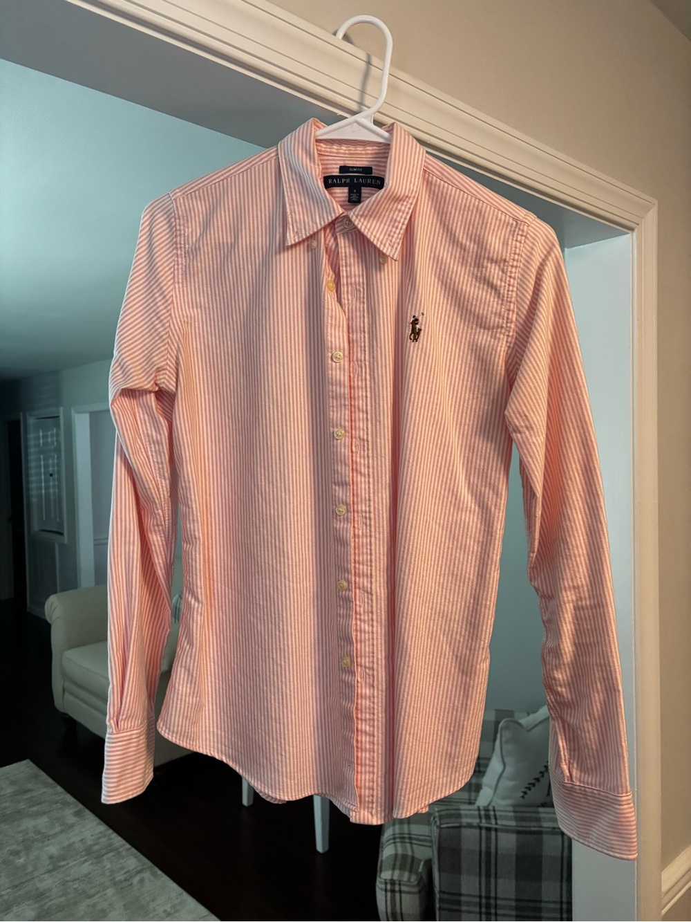Women’s Ralph Lauren Pink and White Striped Button-Up Dress Shirt